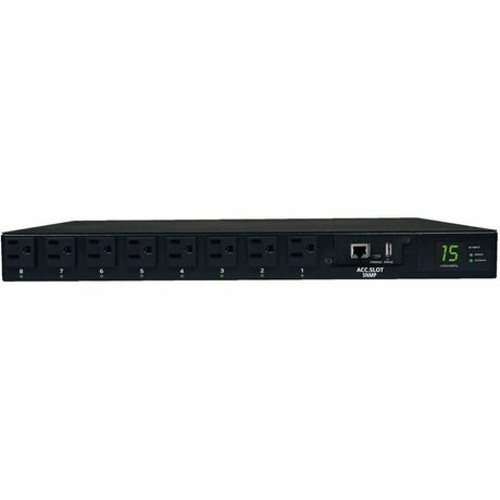 Eaton Tripp Lite Series 1.4kW Single-Phase Switched Automatic Transfer Switch PDU, 2 120V 5-15P 15A Inputs, 8 5-15R Outputs, 1U, TAA — PDUMH15ATNET