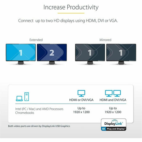StarTech.com USB 3.0 Docking Station - Compatible with Windows / macOS - Supports Dual Displays - HDMI and DVI - DVI to VGA Adapter Included - USB3SDOCKHD