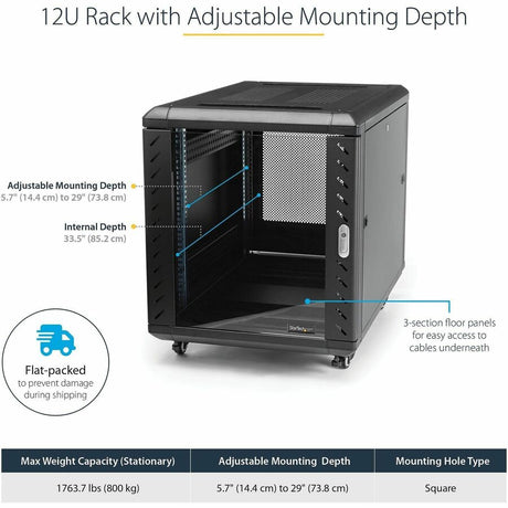 StarTech.com 12U 36in Knock-Down Server Rack Cabinet with Casters — RK1236BKF