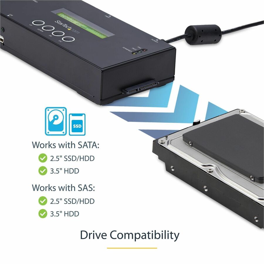StarTech.com 1:1 Standalone Hard Drive Duplicator and Eraser, SAS/SATA HDD/SSD Cloner/Copier and Disk Eraser/Sanitizer/Wiper, Toolless — SATSASDUPE11
