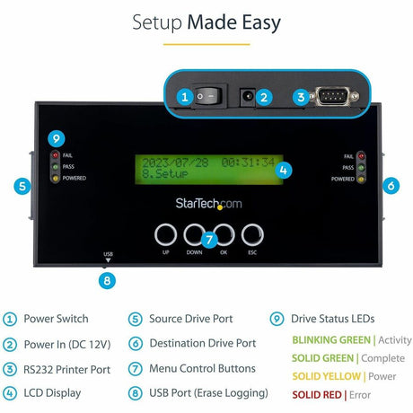 StarTech.com 1:1 Standalone Hard Drive Duplicator and Eraser, SAS/SATA HDD/SSD Cloner/Copier and Disk Eraser/Sanitizer/Wiper, Toolless — SATSASDUPE11