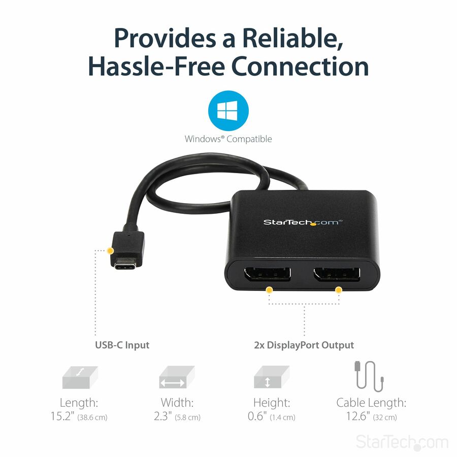 StarTech.com USB-C to Dual DisplayPort 1.2 Adapter, USB Type-C Multi-Monitor MST Hub, Dual 4K 30Hz DP Display Extender/Splitter, Windows — MSTCDP122DP
