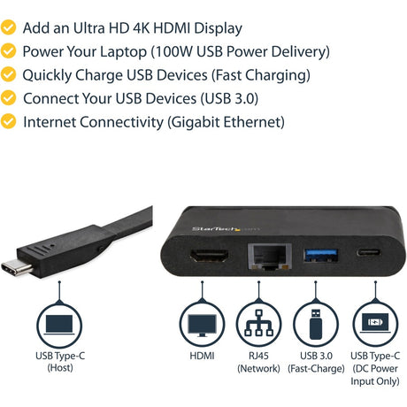 StarTech.com USB C Multiport Adapter - USB-C Travel Dock to 4K HDMI, 100W PD 3.0 Pass-Through, USB-A USB-C, GbE - Portable USB Type-C Dock — DKT30CHCPD