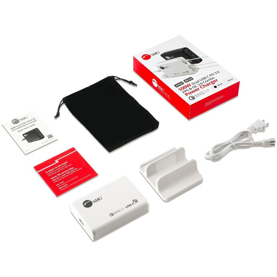 SIIG 100W Dual USB-C PD 3.0 PPS & QC 3.0 Combo Power Charger - White — AC-PW1P11-S1