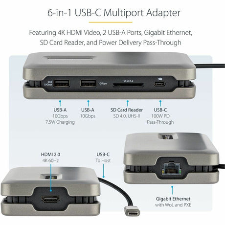 StarTech.com USB C Multiport Adapter, USB C to 4K 60Hz HDMI 2.0, 2-Port 10Gbps USB Hub, 100W Power Delivery Pass-through, GbE, SD/MicroSD — DKT31CSDHPD3