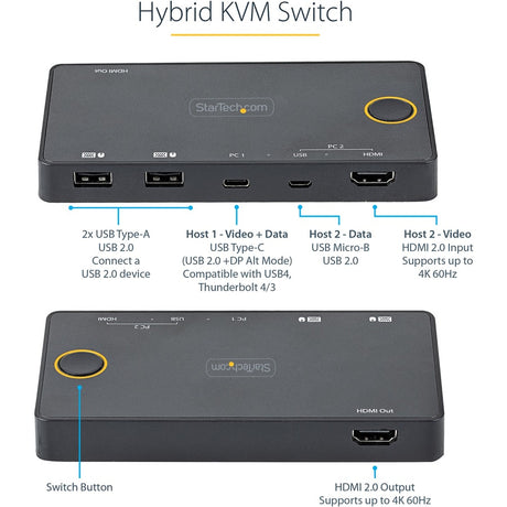 StarTech.com 2 Port Hybrid USB-A + HDMI & USB-C KVM Switch, Single 4K 60Hz HDMI 2.0 Monitor, Compact Desktop and/or Laptop HDMI KVM Switch — SV221HUC4K