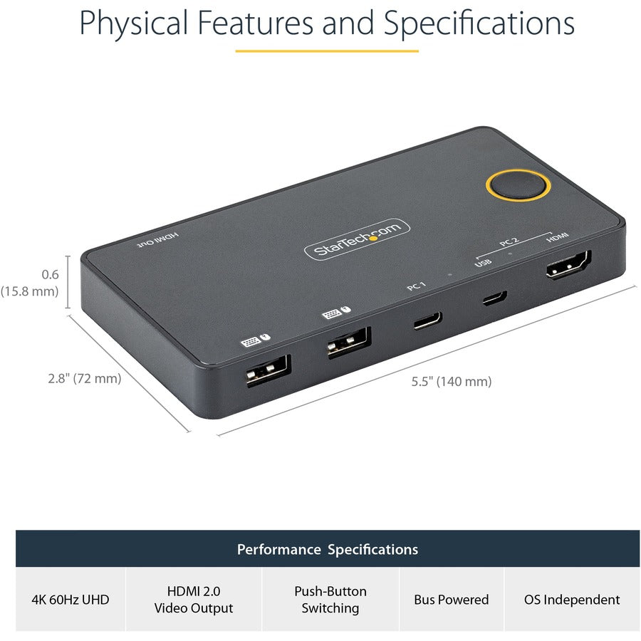 StarTech.com 2 Port Hybrid USB-A + HDMI & USB-C KVM Switch, Single 4K 60Hz HDMI 2.0 Monitor, Compact Desktop and/or Laptop HDMI KVM Switch — SV221HUC4K