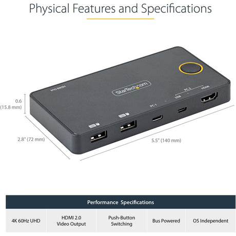 StarTech.com 2 Port Hybrid USB-A + HDMI & USB-C KVM Switch, Single 4K 60Hz HDMI 2.0 Monitor, Compact Desktop and/or Laptop HDMI KVM Switch — SV221HUC4K