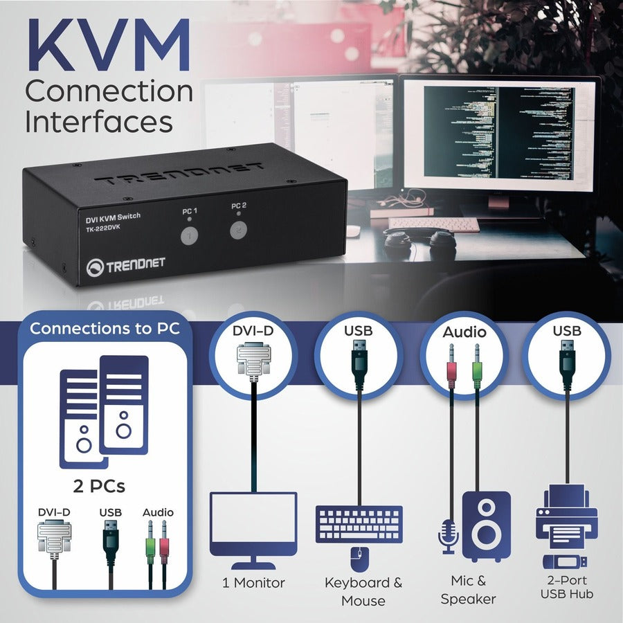 TRENDnet 2-Port DVI KVM Switch with Audio, Manage Two PC's, Hot-Keys, USB 2.0, Metal Housing, Use with a DVID-D Monitor, TK-222DVK