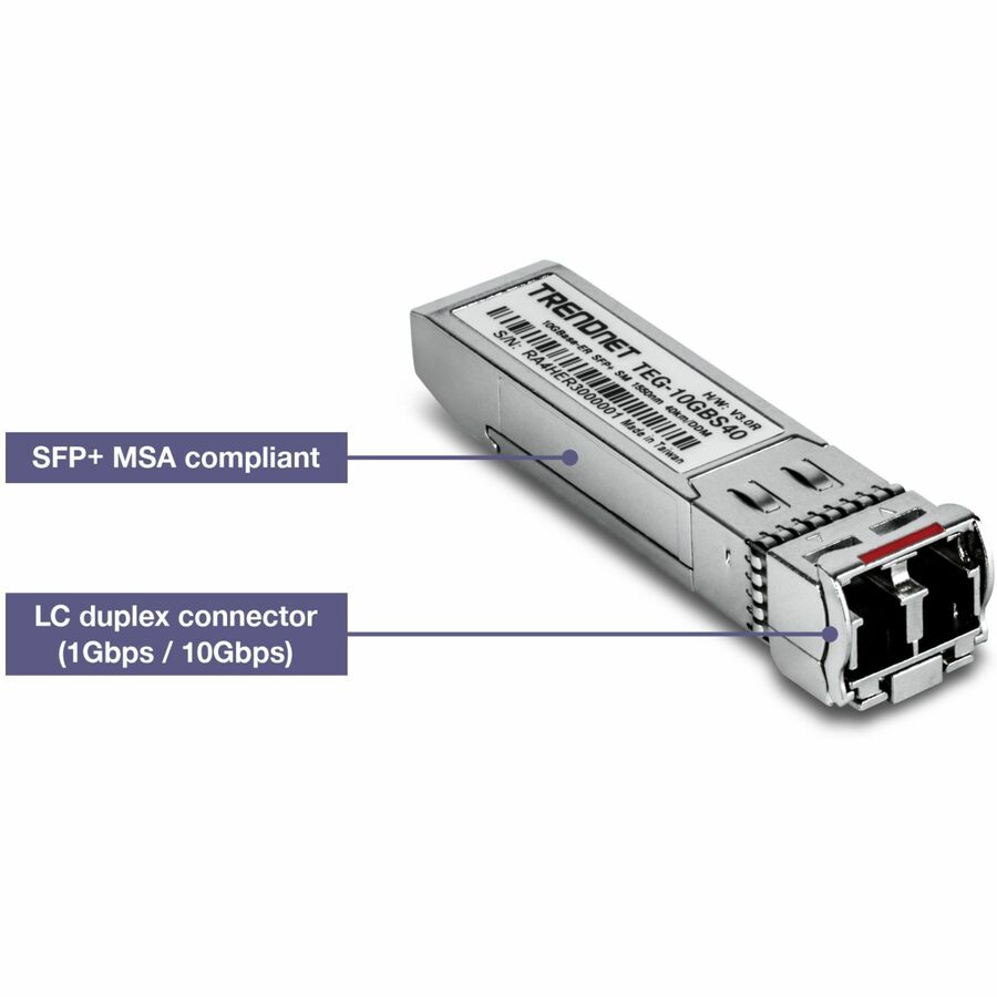 TRENDnet SFP to RJ45 10GBASE-ER SFP+ Single Mode LC Module; TEG-10GBS40; Up to 40 km (24.9 Miles); Hot Pluggable SFP+ Transceiver; 1550nm Wavelength; 3.3 V Power Supply; Lifetime Protection
