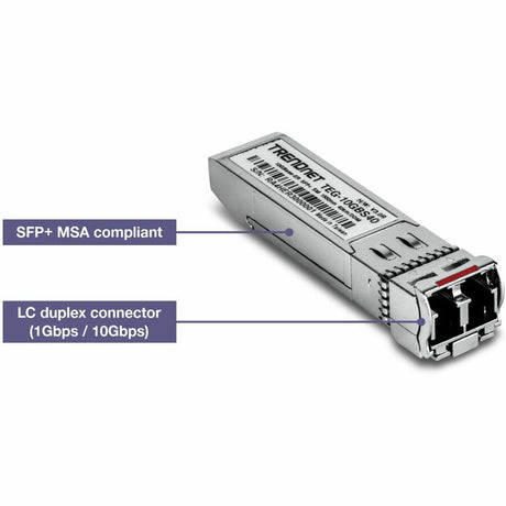TRENDnet SFP to RJ45 10GBASE-ER SFP+ Single Mode LC Module; TEG-10GBS40; Up to 40 km (24.9 Miles); Hot Pluggable SFP+ Transceiver; 1550nm Wavelength; 3.3 V Power Supply; Lifetime Protection
