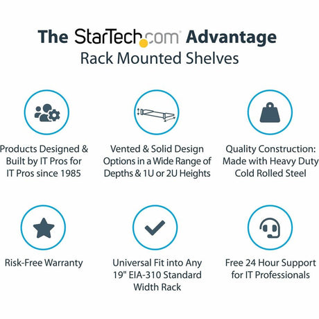 StarTech.com 2U 22in Vented Rack Mount Shelf - Fixed 22 inch Deep antilever Rackmount Tray for Server Rack Cabinet Shelf - 50lbs / 23kg — CABSHELF22V