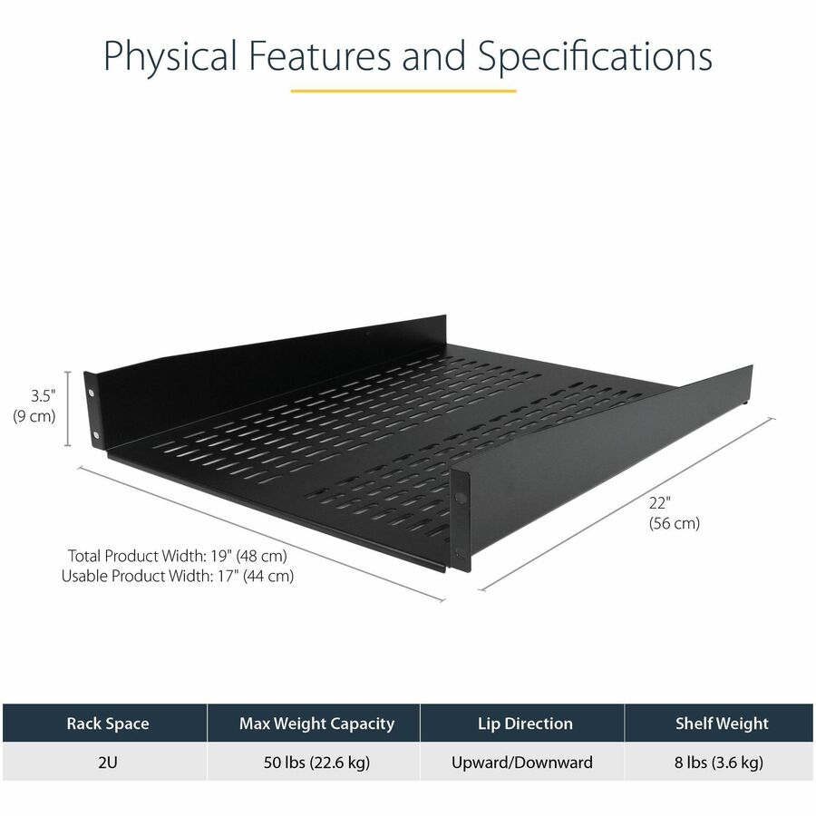 StarTech.com 2U 22in Vented Rack Mount Shelf - Fixed 22 inch Deep antilever Rackmount Tray for Server Rack Cabinet Shelf - 50lbs / 23kg — CABSHELF22V