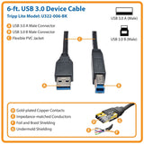Eaton Tripp Lite Series USB 3.2 Gen 1 SuperSpeed Device Cable (A to B M/M) Black, 6 ft. (1.83 m) — U322-006-BK