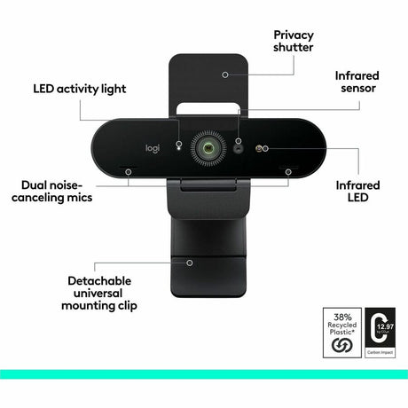 Logitech Brio 4K Webcam for Business, biometrics login with Windows Hello, auto-light correction, noise-canceling, Works with Microsoft Teams, Zoom, Google Meet, PC/Mac — 960-001105