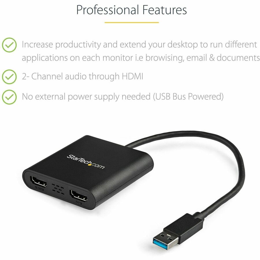 StarTech.com USB 3.0 to Dual HDMI Adapter, USB to 2x HDMI Monitor Converter for Windows (no support for macOS/ChromeOS/Linux) - TAA — USB32HD2