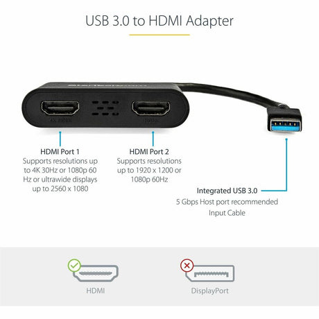 StarTech.com USB 3.0 to Dual HDMI Adapter, USB to 2x HDMI Monitor Converter for Windows (no support for macOS/ChromeOS/Linux) - TAA — USB32HD2