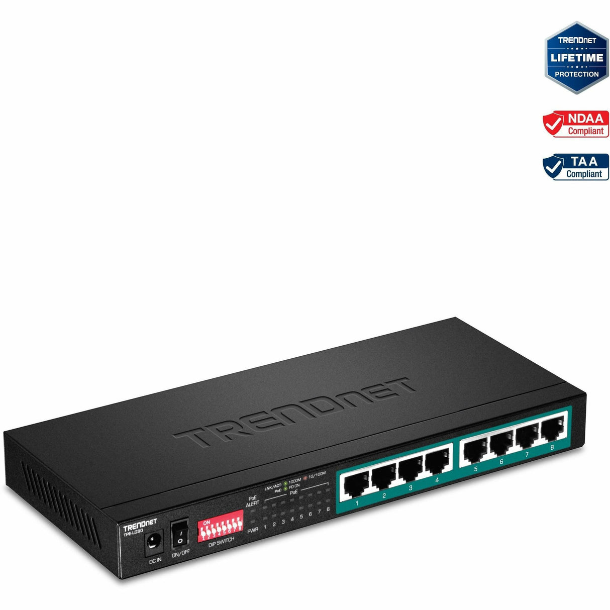 TRENDnet 8-Port Gigabit Long Range Poe+ Switch; TPE-LG80;65W Poe Budget; Ethernet/Network Switch; Long-Range Poe+ Extends Range Up to 200M (656 ft.); 16 Gbps Switching Capacity; Lifetime Protection — TPE-LG80