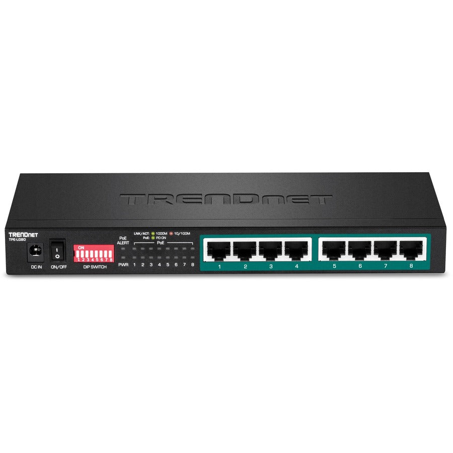 TRENDnet 8-Port Gigabit Long Range Poe+ Switch; TPE-LG80;65W Poe Budget; Ethernet/Network Switch; Long-Range Poe+ Extends Range Up to 200M (656 ft.); 16 Gbps Switching Capacity; Lifetime Protection — TPE-LG80