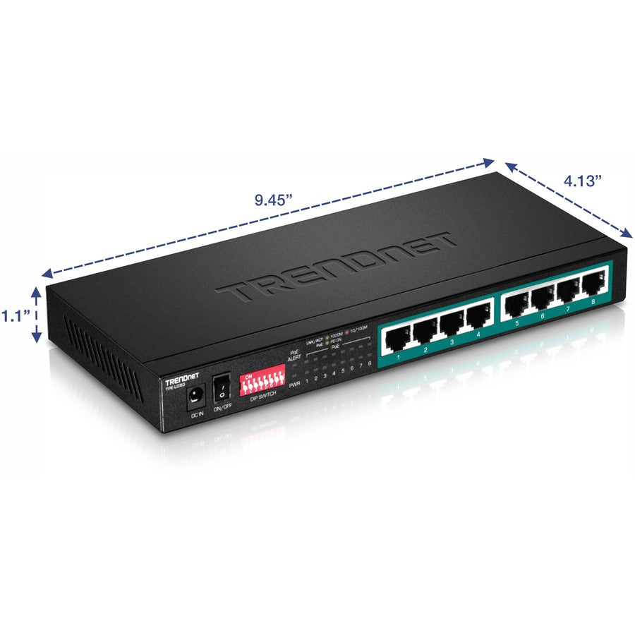 TRENDnet 8-Port Gigabit Long Range Poe+ Switch; TPE-LG80;65W Poe Budget; Ethernet/Network Switch; Long-Range Poe+ Extends Range Up to 200M (656 ft.); 16 Gbps Switching Capacity; Lifetime Protection — TPE-LG80