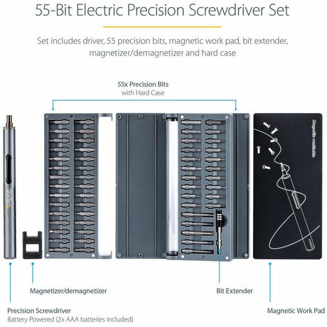 StarTech.com 55-Bit Electric Precision Screwdriver Set, Cordless/Battery Powered, Magnetic Bit Driver Kit for Laptop/Computer/Phone Repair — CTK55PCEDRIVE