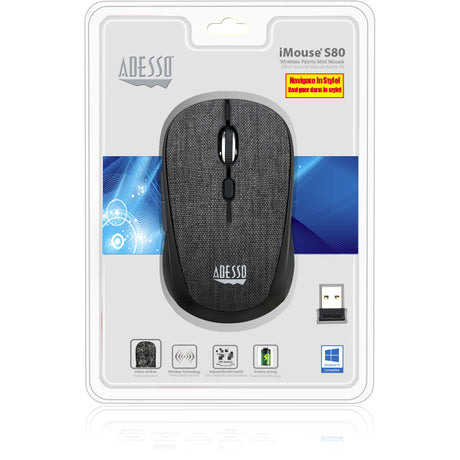 Adesso iMouse S80B - Wireless Fabric Optical Mini Mouse (Black) — iMouseS80B