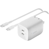 Belkin 65W Portable Dual Port GaN Wall Charger - 2xUSB-C (65W Total) - w/ USB-C to USB-C Cable - Fast Charging - Power Adapter - White — WCH013dq2MWH-B6