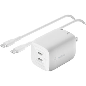Belkin 65W Portable Dual Port GaN Wall Charger - 2xUSB-C (65W Total) - w/ USB-C to USB-C Cable - Fast Charging - Power Adapter - White — WCH013dq2MWH-B6