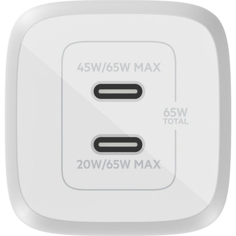 Belkin 65W Portable Dual Port GaN Wall Charger - 2xUSB-C (65W Total) - w/ USB-C to USB-C Cable - Fast Charging - Power Adapter - White — WCH013dq2MWH-B6
