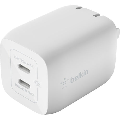Belkin 65W Portable Dual Port GaN Wall Charger - 2xUSB-C (65W Total) - w/ USB-C to USB-C Cable - Fast Charging - Power Adapter - White — WCH013dq2MWH-B6