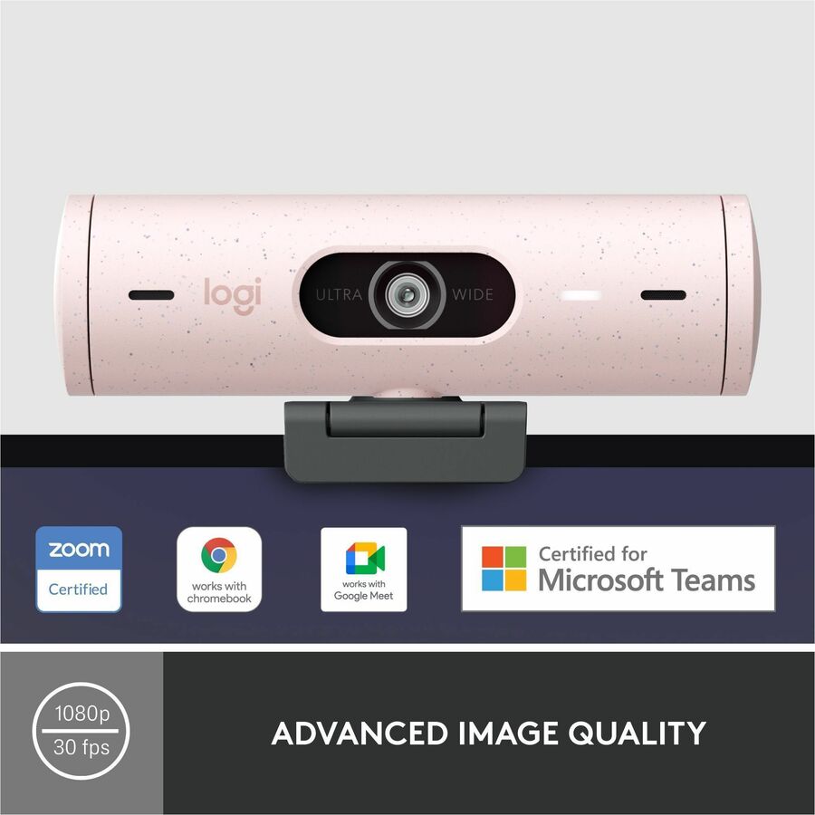 Logitech Brio 500 Full HD webcam, auto framing, noise-reducing mics, privacy shutter, streaming & video calling, Rose — 960-001432