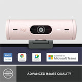 Logitech Brio 500 Full HD webcam, auto framing, noise-reducing mics, privacy shutter, streaming & video calling, Rose — 960-001432