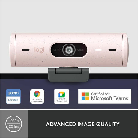 Logitech Brio 500 Full HD webcam, auto framing, noise-reducing mics, privacy shutter, streaming & video calling, Rose — 960-001432
