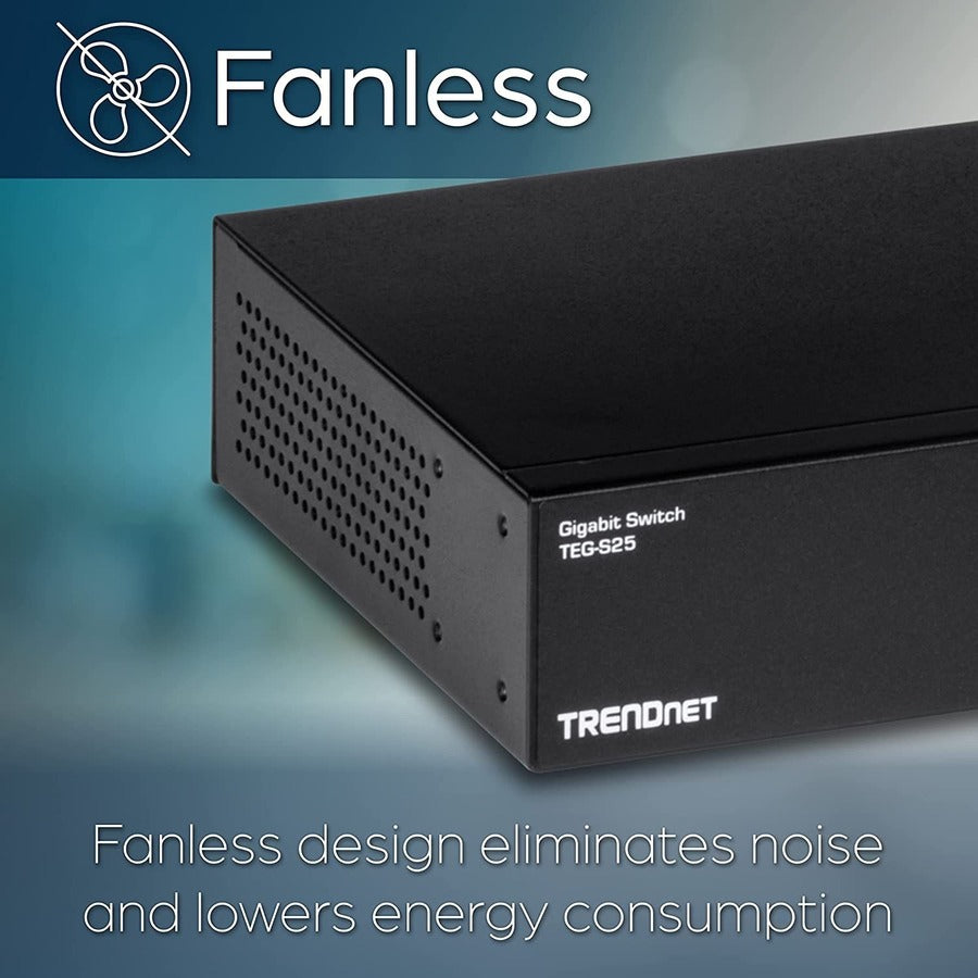 TRENDnet 24-Port Gigabit Switch, TEG-S25, 24 x Gigabit RJ-45 Ports, 48Gbps Switching Capacity, Fanless Design, Metal Enclosure, Internal Power Supply, Lifetime Protection, Black — TEG-S25