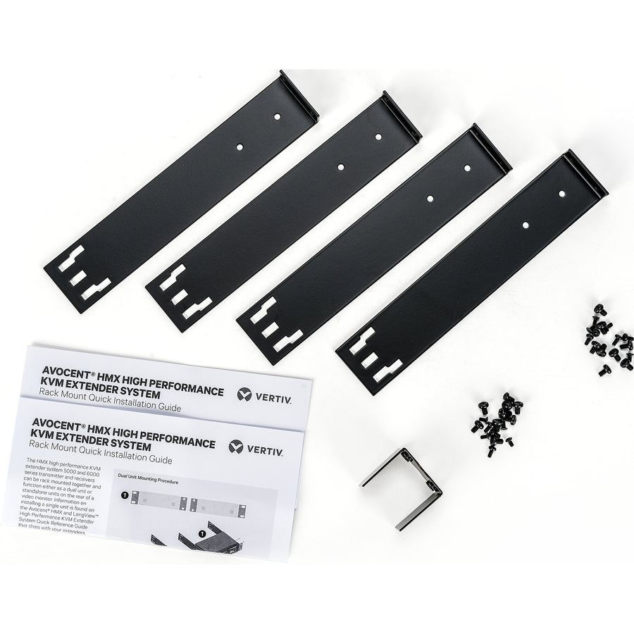 Vertiv Rackmount kit for two Vertiv Avocent HMX 5000/6000 High Performance KVM Systems contains metal brackets and screws. — RMK-97
