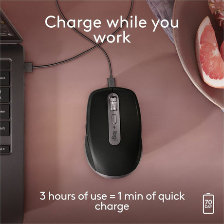 Logitech MX Anywhere 3S for Mac, Compact Wireless Bluetooth Mouse, 8K DPI Any-Surface Tracking, Quiet Clicks, USB C, Space Grey — 910-006945