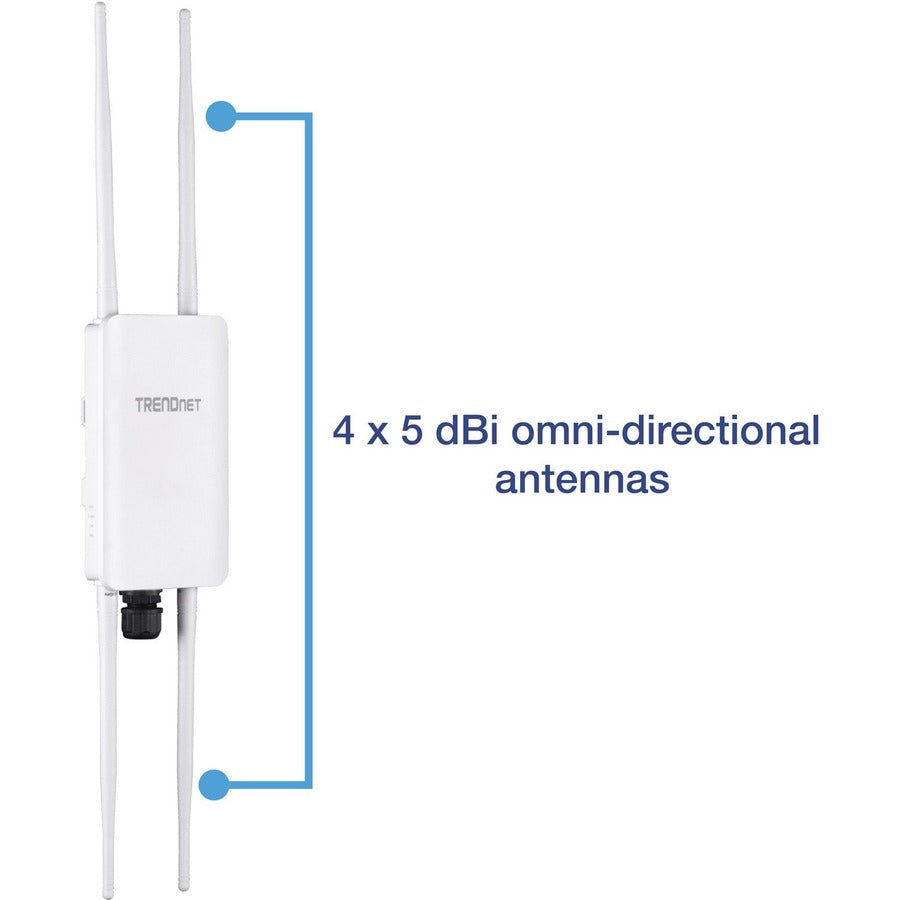 TRENDnet 5 DBI Wireless AC1300 Outdoor PoE+ Omni-Directional Access Point; TEW-841APBO; 4 X 5 DBI Omni Directional Antennas; Point-to-Point & Point-to-Multi-Point Wi-Fi Bridging; IEEE 802.3AT PoE+