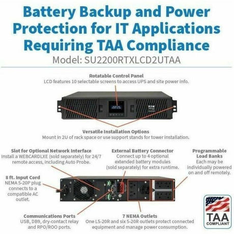 Eaton Tripp Lite Series SmartOnline 2000VA 1800W 120V Double-Conversion Sine Wave UPS - 7 Outlets, Extended Run, Network Card Option, LCD, USB, DB9, 2U Rack/Tower, TAA — SU2200RTXLCD2UTAA