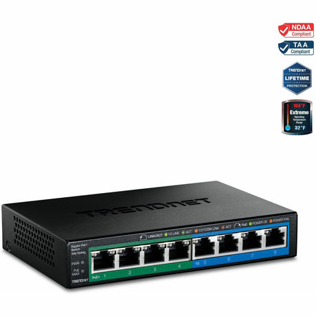 TRENDnet 8-Port Gigabit GREENnet PoE+ Switch, 4 x Gigabit PoE-PoE+ Ports, 4 x Gigabit Ports, 61W Power Budget, 16 Gbps Switch Capacity, Ethernet Unmanaged Switch, Lifetime Protection, Black, TPE-TG44G — TPE-TG44g