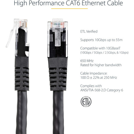 StarTech.com 100ft CAT6 Ethernet Cable - Black Molded Gigabit - 100W PoE UTP 650MHz - Category 6 Patch Cord UL Certified Wiring/TIA — C6PATCH100BK