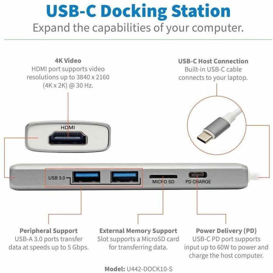 Eaton Tripp Lite Series USB-C Dock - 4K HDMI, USB 3.x (5Gbps), USB-A Hub Ports, Memory Card, 60W PD Charging — U442-DOCK10-S