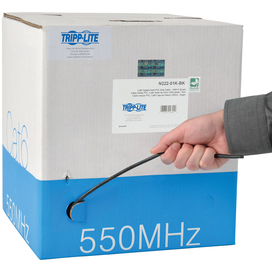 Eaton Tripp Lite Series Cat6 Gigabit Solid Core UTP PVC Bulk Ethernet Cable, Black, 1000 ft. (304.8 m), TAA — N222-01K-BK