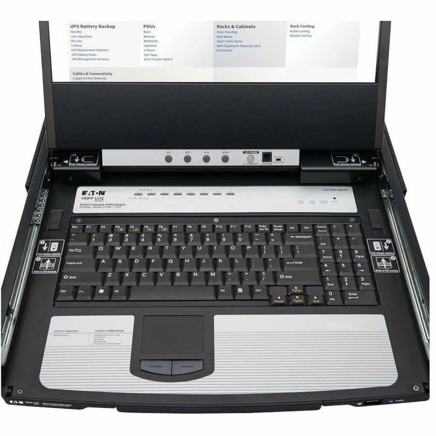 Eaton Tripp Lite Series NetDirector 8-Port DisplayPort KVM Switch Console with 17 in. LCD, IP Remote Access, Dual Rail, 1U Rack-Mount, TAA — B030-DP08-17DIP