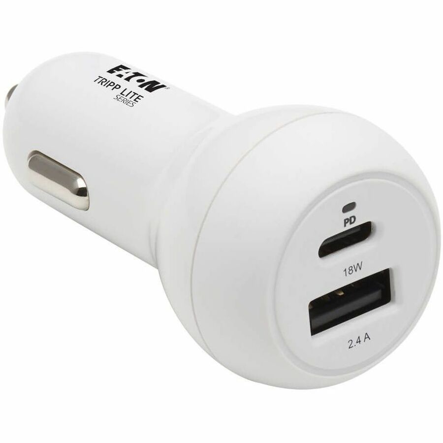 Eaton Tripp Lite Series Dual-Port USB Car Charger - 30W PD Charging, USB-C (18W) & USB-A (12W), USB-C to Lightning Cable, White — U280-C02-30W-K