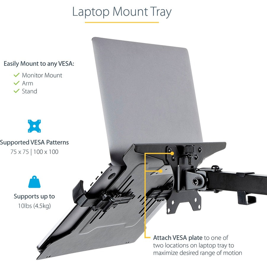 StarTech.com VESA Laptop Tray, Adjustable Monitor Arm Laptop Tray, Secures Notebooks up to 4.5kg (9.9lb), 75x75 & 100x100 VESA, Ventilated — LAPTOP-ARM-TRAY
