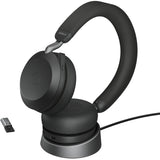 Jabra Evolve2 75 Wireless On-ear Stereo Headset - USB-A - Unified Communication - With Charging Stand - Black - Binaural - Ear-cup - 3000 cm - Bluetooth - 20 Hz to 20 kHz - MEMS Technology Microphone - Noise Cancelling — 27599-989-989