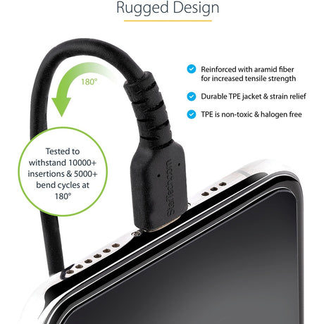 StarTech.com 50cm/20in USB to Lightning Cable, MFi Certified, Coiled iPhone Charger Cable, Black, Durable TPE Jacket Aramid Fiber — RUSB2ALT50CMBC