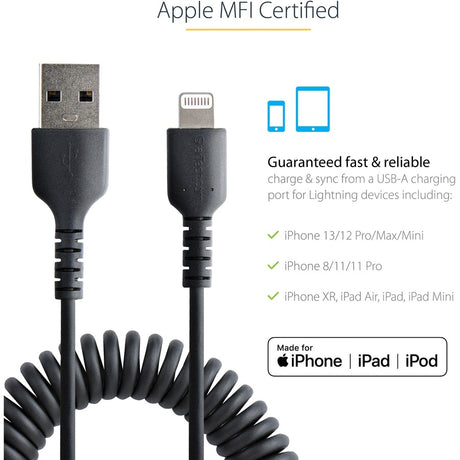 StarTech.com 50cm/20in USB to Lightning Cable, MFi Certified, Coiled iPhone Charger Cable, Black, Durable TPE Jacket Aramid Fiber — RUSB2ALT50CMBC