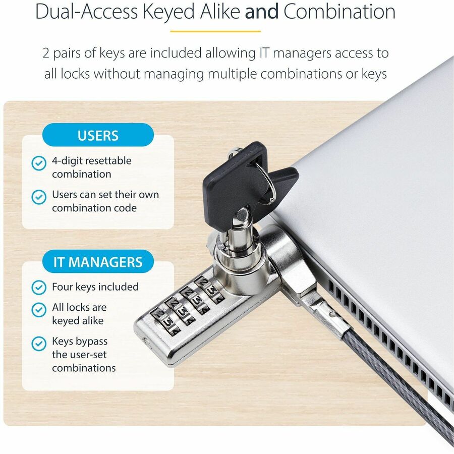 StarTech.com 10-Pack Dual-Access Laptop Lock, 6.5ft (2m) Keyed Alike and Combination Security Cable Lock for K-Slot Devices, Anti-Theft — DUALKA10-LAPTOP-LOCK