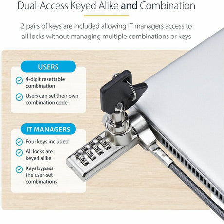 StarTech.com 10-Pack Dual-Access Laptop Lock, 6.5ft (2m) Keyed Alike and Combination Security Cable Lock for K-Slot Devices, Anti-Theft — DUALKA10-LAPTOP-LOCK